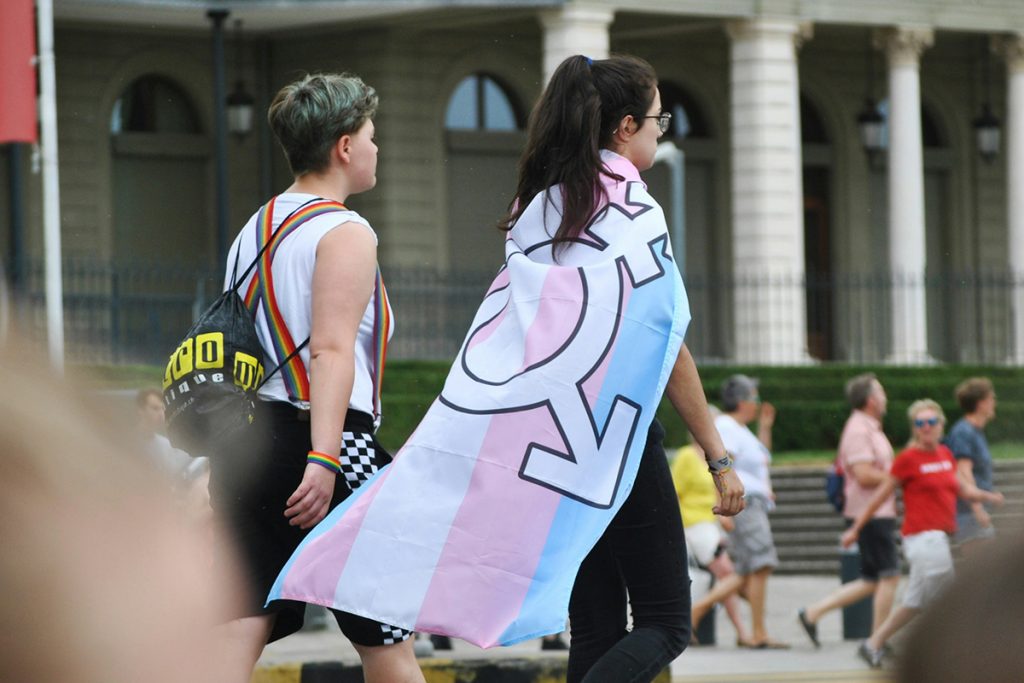 scene from a protest featuring a woman carrying a trans flag